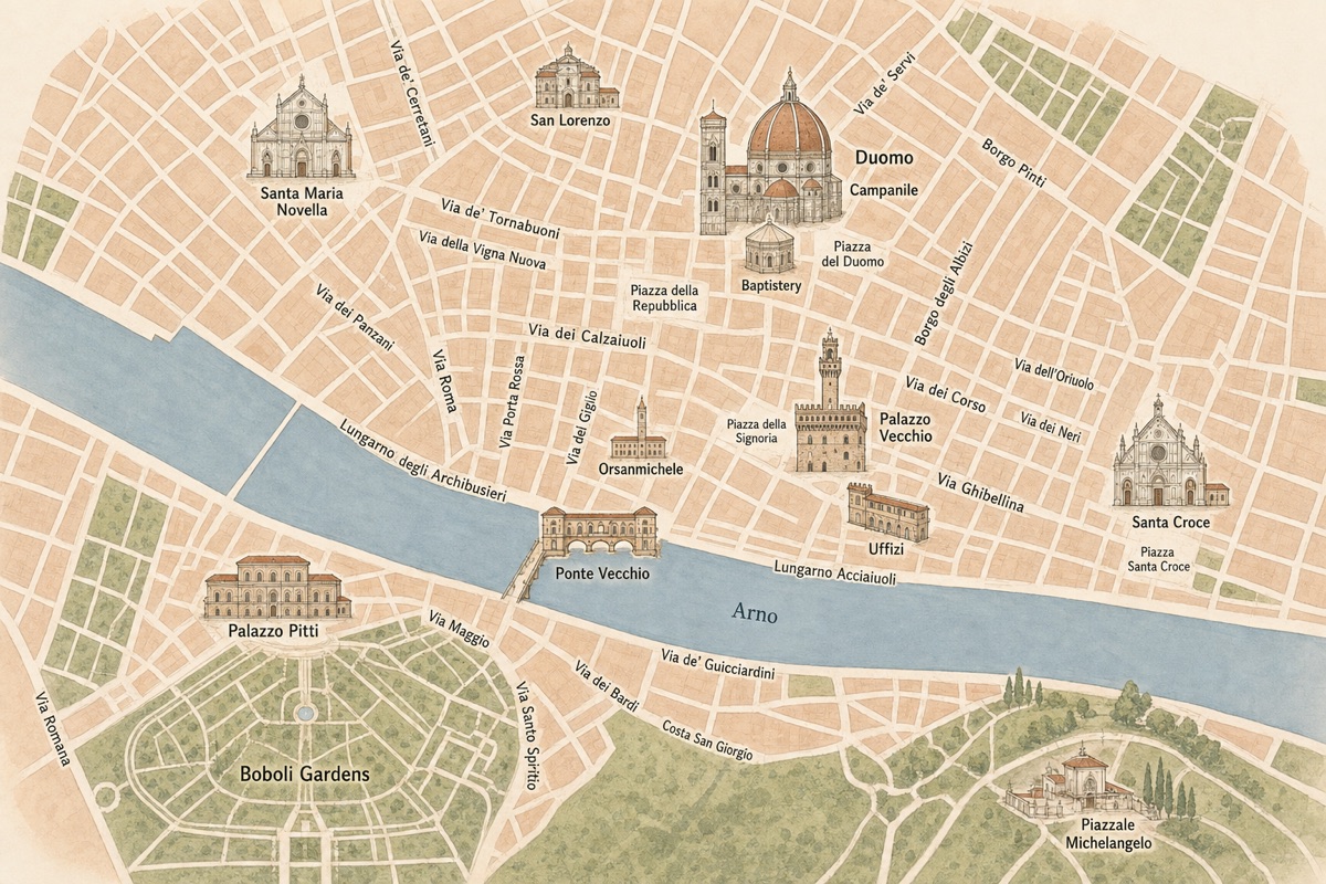 Architectural map of central Florence with dense street labels including Via de' Tornabuoni, Via dei Calzaiuoli, Via Roma, Via dei Servi, Via Porta Rossa, Borgo degli Albizi, Lungarno Acciaiuoli, Via Maggio and Via Santo Spirito, plus landmarks such as the Duomo, Campanile, Baptistery, Palazzo Vecchio, Uffizi, Ponte Vecchio, Palazzo Pitti, Boboli Gardens, Santa Croce, Santa Maria Novella, San Lorenzo and Piazzale Michelangelo.